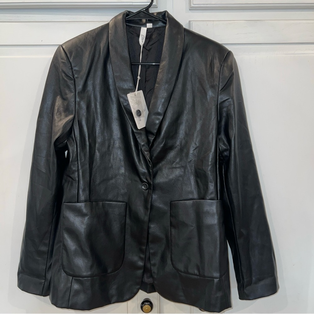 ELAN‎ Women’s Black Faux Leather Jacket “You’re A Mind Reader” Large Blazer NWT